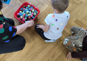 Chłopiec siedzi na podłodze i patrzy w kierunku miski z pociętymi gąbkami